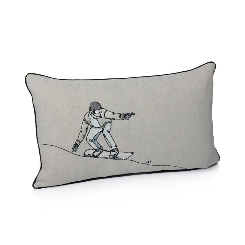 Suvretta Linen Embroidered Lumbar Throw Pillow - Snowboarder