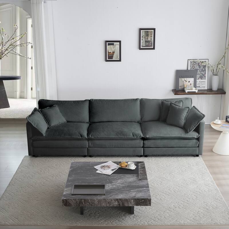 GDFStudio - Thaddeus Three-Seater Chenille Modular Sofa with Arm and Toss Pillows - Gray