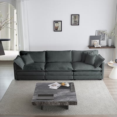 Mid-Century Modern 3-Seater Sofa with 2 Armrest Pillows & 3 Toss Pillows