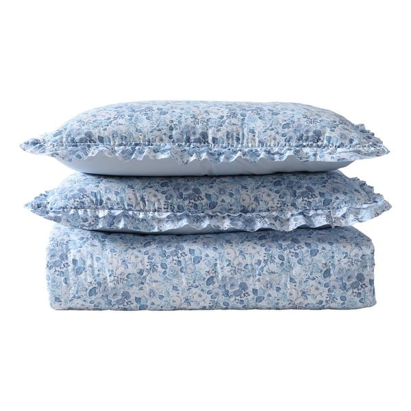 Laura Ashley Quartet Blue Ruffled Reversible Quilt Set