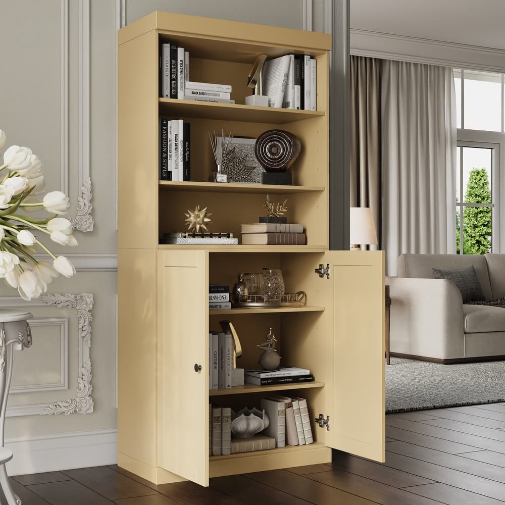 Solid Wood Tall Bookcase with Doors, Adjustable Shelves, Modular Storage, Open Display Bookshelf, 32" W x 71.5" H