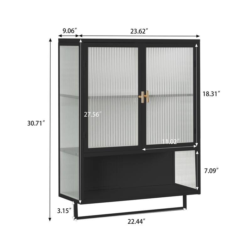 23.62"Glass Doors Wall Cabinet with 2-tier Enclosed Storage
