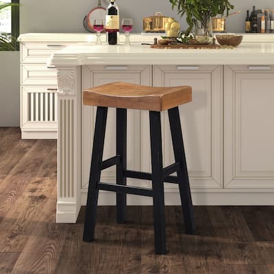 Furniture of America Barne Farmhouse Solid Wood Hefty Saddle Seat Bar Stools (Set of 2)