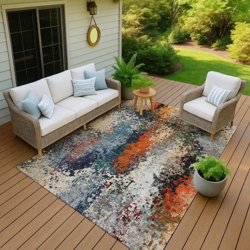 Machine Washable Indoor/ Outdoor Contemporary Abstract Chantille Rug - Blue - 3' x 5'