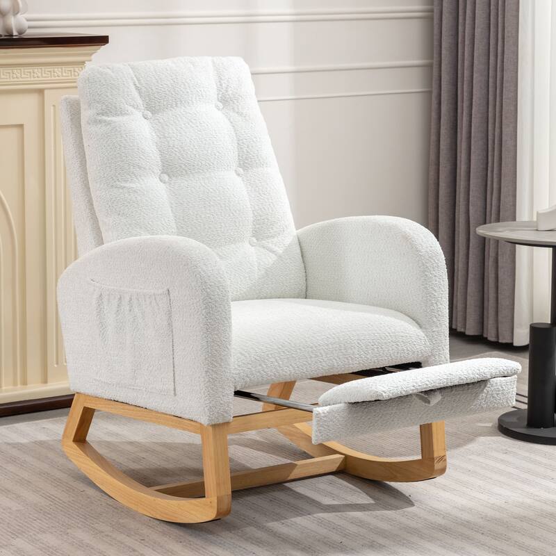 Nursery Rocking Chair High Back Rocking Chair Relaxing Rocking Chair with Footrest High Back and Rubber Wood Legs White