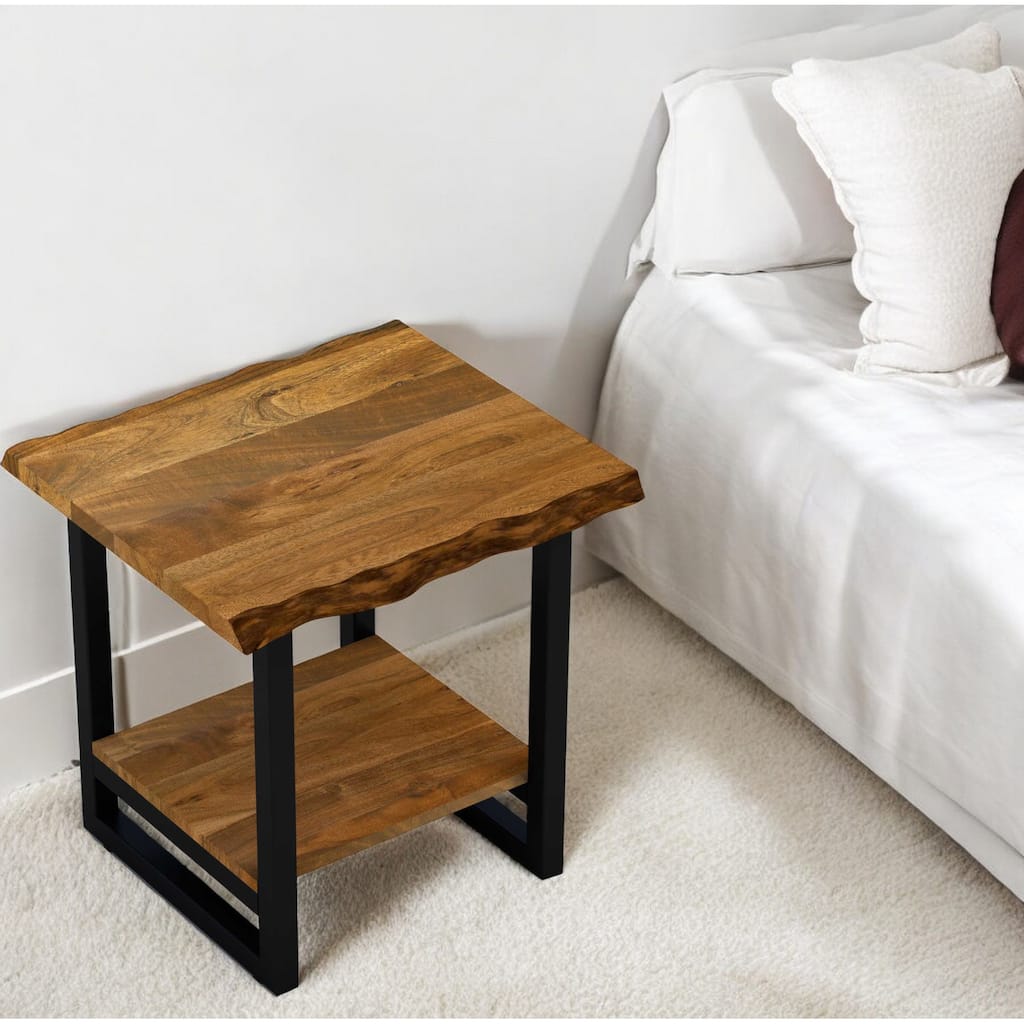 HomeRoots 24" Brown And Black Solid Wood And Iron Square Frame End Table With Shelf