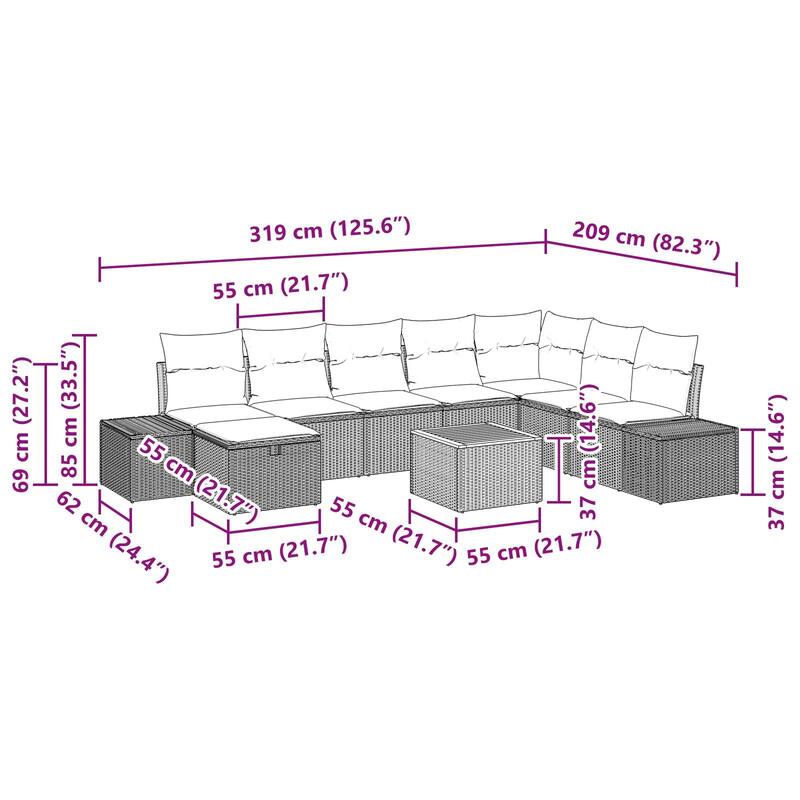 vidaXL 9 Garden Sofa Set with Cushions Black/Grey Poly Rattan - 125.6 x 82.3 x 27.2