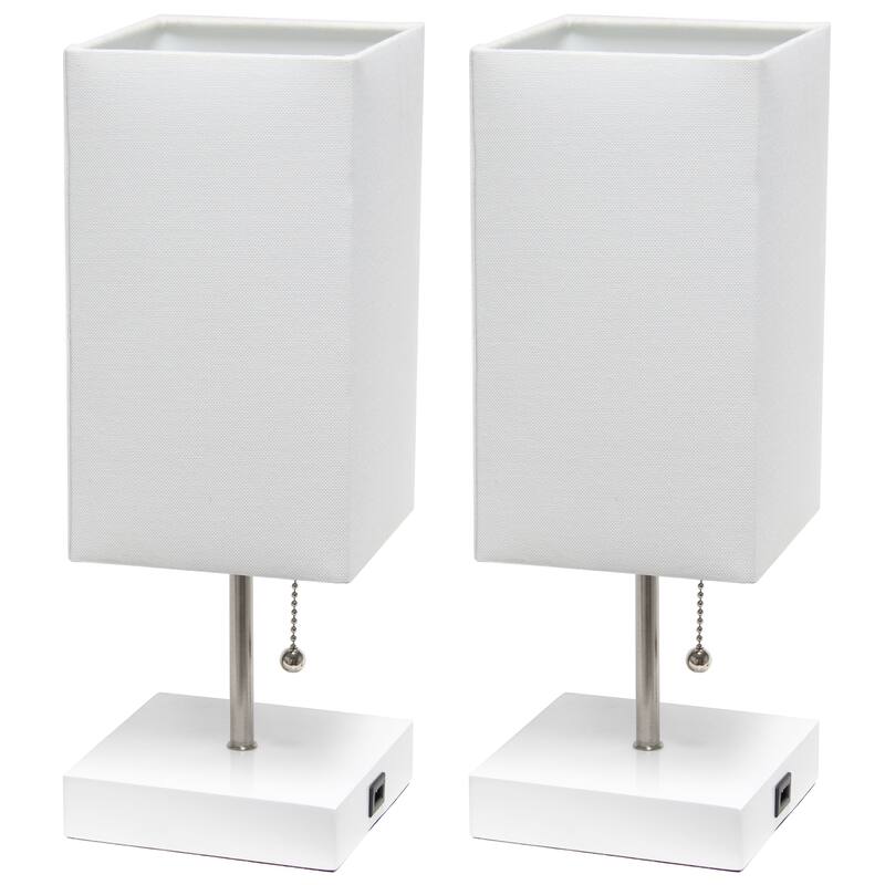 Simple Designs Petite White Stick Lamp with USB Charging Port and Fabric Shade 2 Pack Set - 5 x 5 x 14.25 (L x W x H)