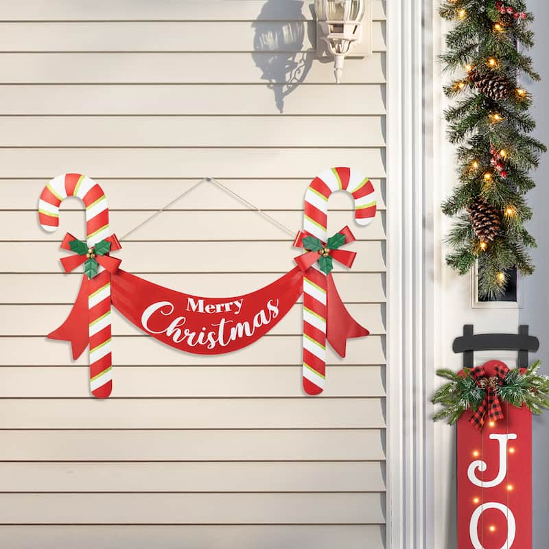 Glitzhome Christmas Metal Dancing Elf Cupcake Candy Cane Yard Stake Wall Decor