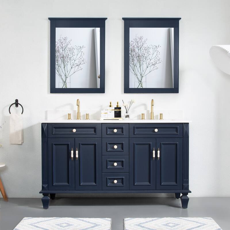 35'' H Solid Wood Bath Vanity with Stain-resistant Carrera White Quartz Top and Double Sink