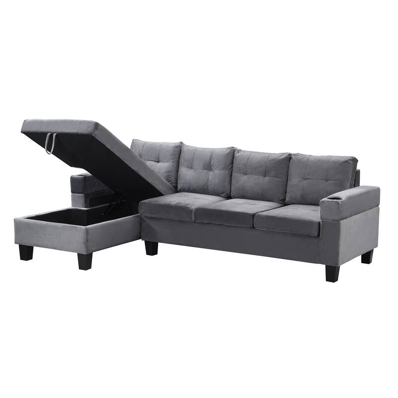 Grey 97.8'' Modern 4 Seat Sectional Sofa Set with Left-Hand Storage Chaise Lounge and Cup Holders for Living Room