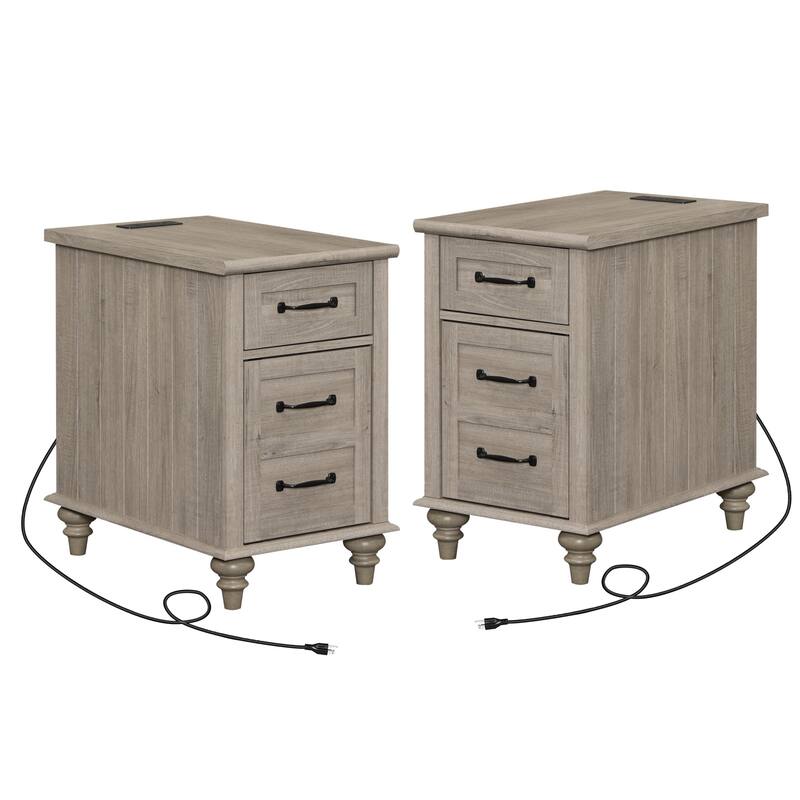 End Table with Charging Station, Side Table with Storage, Power Outlets & Type-C USB Ports for Living Room - 2 Pack - Grey