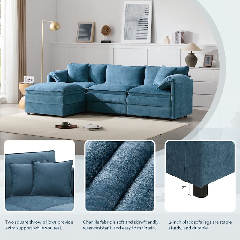 L-Shaped Modular Sectional Sofa with Ottoman, Oversized Chenille Upholstered Cloud Couch, 4-Seater Sofa with Double Cushions