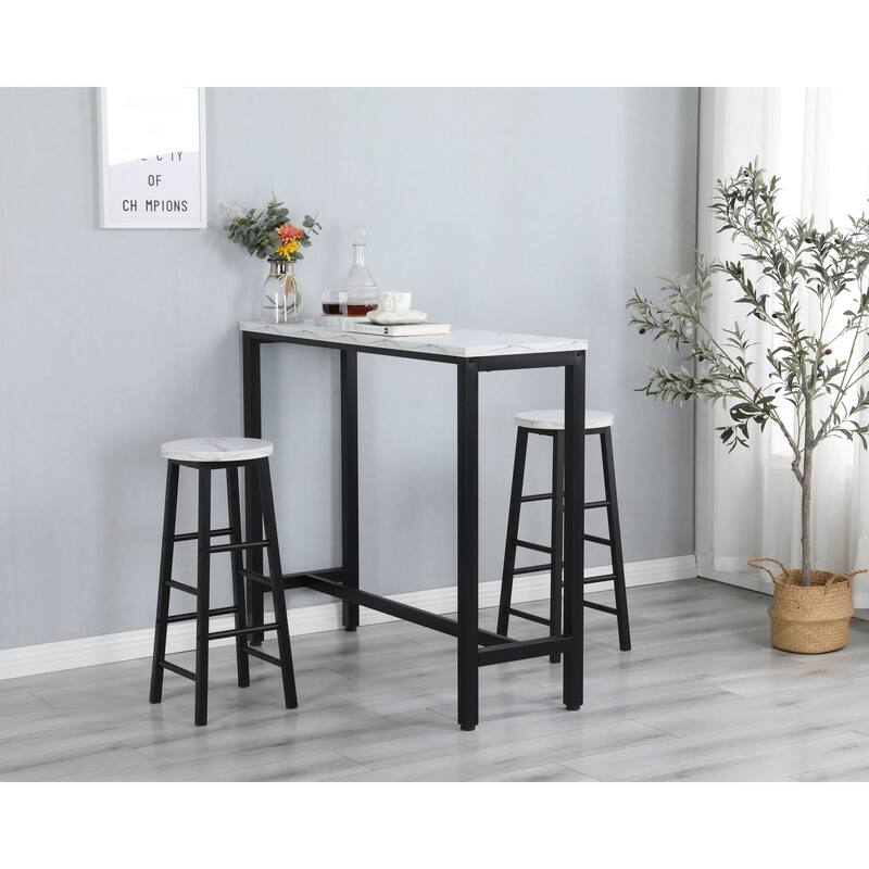 3 Pcs Breakfast Faux Marble Top Kitchen Counter Bar Table Set with 2