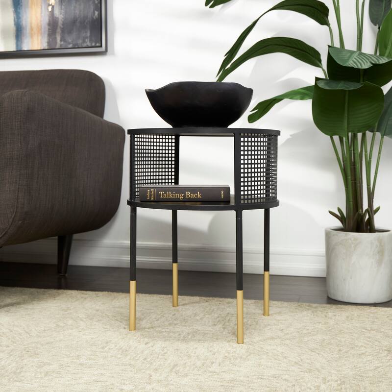 Metal Geometric Open Grid Frame Accent Table with Gold Legs - Black - Roche River Decor