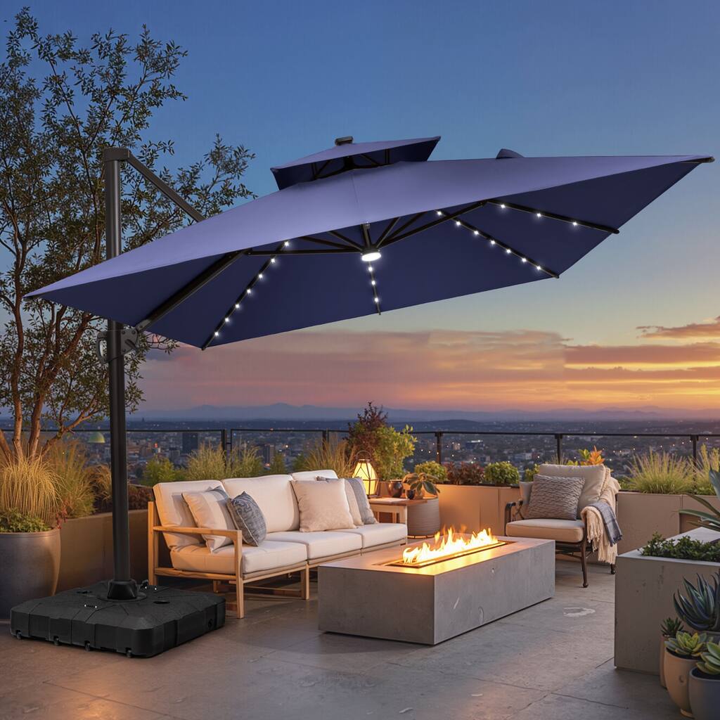 10 X 13 FT Outdoor Patio Cantilever Umbrella with Solar Lights All-Weather Wheeled Base Double Canopy 360 Rotation Tilt
