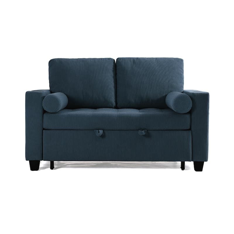 2 Set Corduroy Convertible Sleeper Sofa Bed Loveseats with Cup Holder, USB Ports & Storage