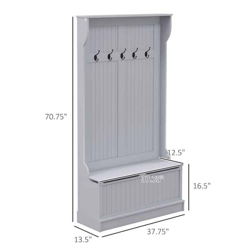 Grey MDF Entryway Shoe Bench with Steel Hooks and Storage Seat - 37.75" W x 13.5" D x 70.75" H
