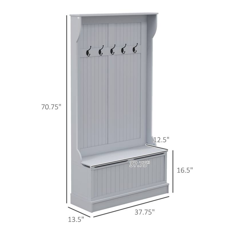Modern Coat Rack with Anti-Tip Device Storage Bench 5 Hooks and Shoe Cabinet, for Entry and Hallway, Distressed White