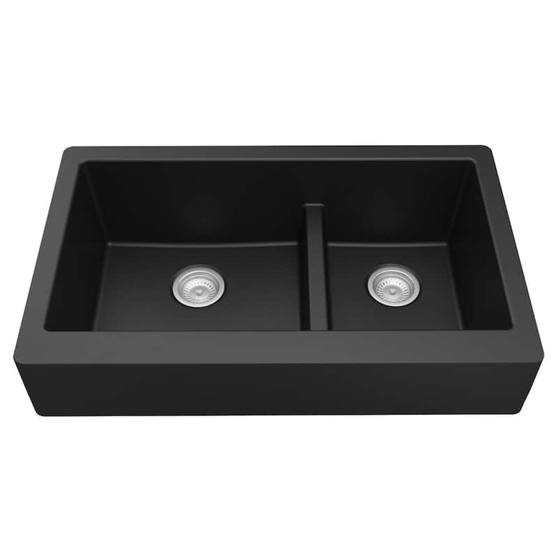 Karran Retrofit Apron-Front Quartz Double Bowl Kitchen Sink - Black
