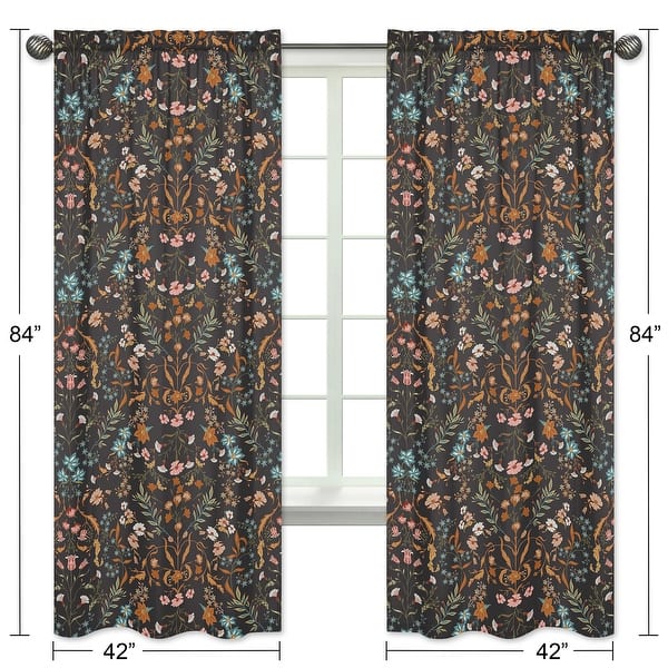 Sweet Jojo Designs Boho Wildflower Vintage Floral Girl 84in Window Treatment Curtain Panel Pair Black Orange Bohemian Farmhouse