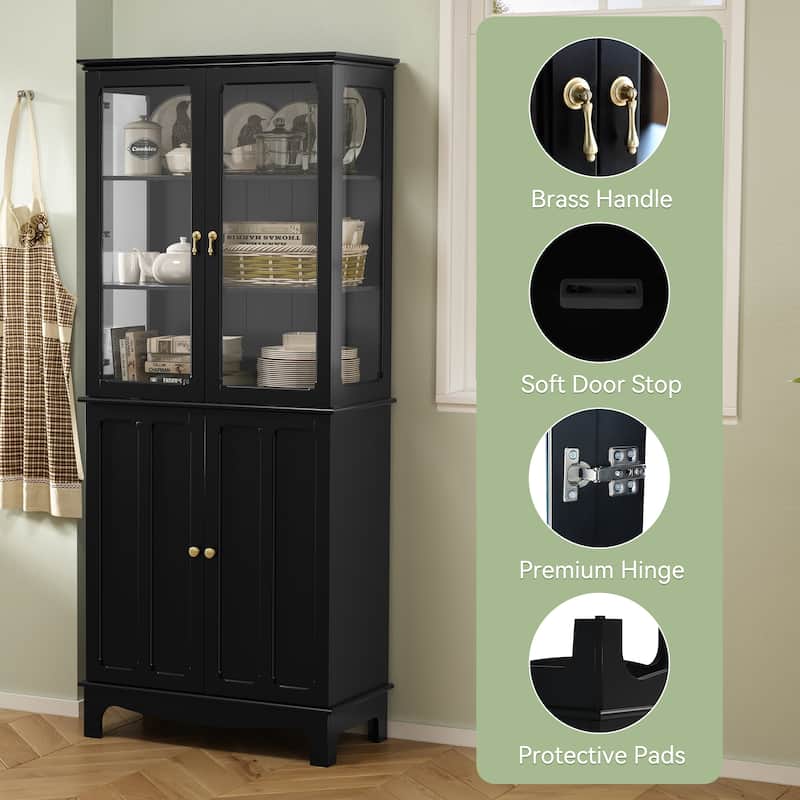 72" Freestanding Kitchen Pantry with Glass Doors