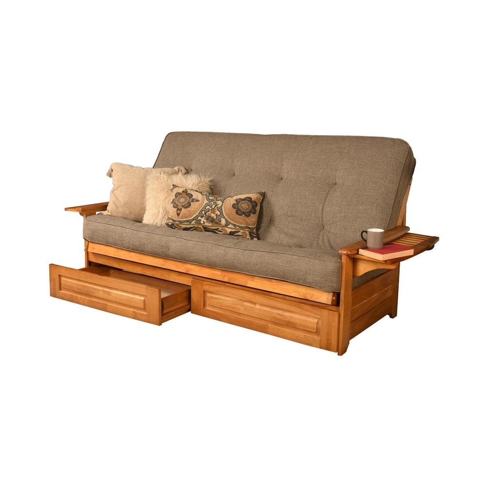 Somette Phoenix Queen-size Storage Futon Set in Butternut Finish with Linen Mattress