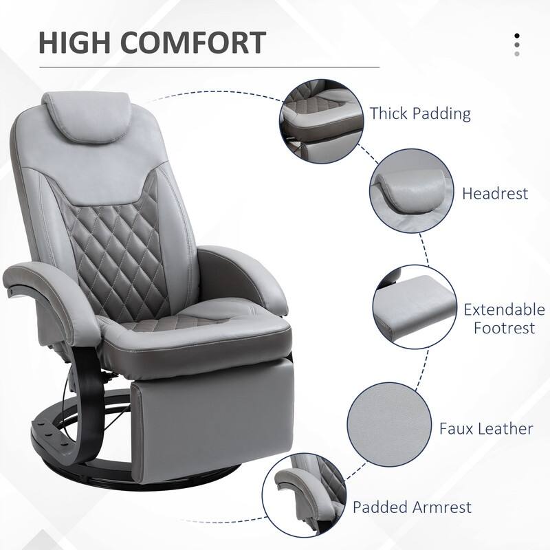 Modern Round Steel and Wood Base PU Leather Upholstered Recliner Armchair with Footrest and Headrest