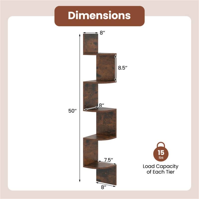 5-Tier Floating Corner Shelf Wall Mounted Organizer for Living Room Bedroom or Kitchen - 8" x 8" x 50"