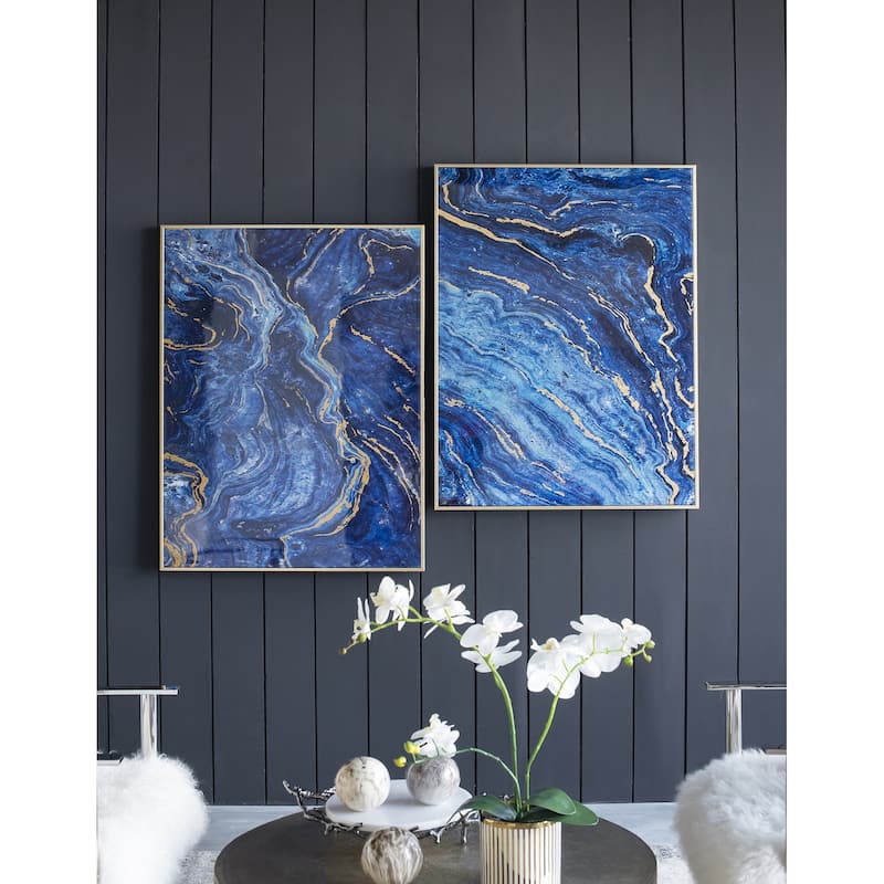 Blue and Gold Art Wall Decor with Unique Marbled, for Living Room Dining Room Bedroom Hallway Set of 2 - Blue