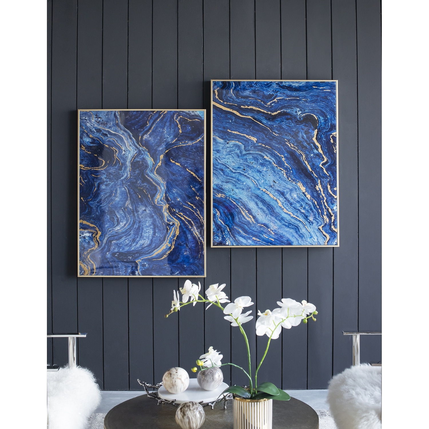 Set of 2, Modern Wall Decor Blue and Gold Framed Art Panels with Unique Marbled Design, for Home and office