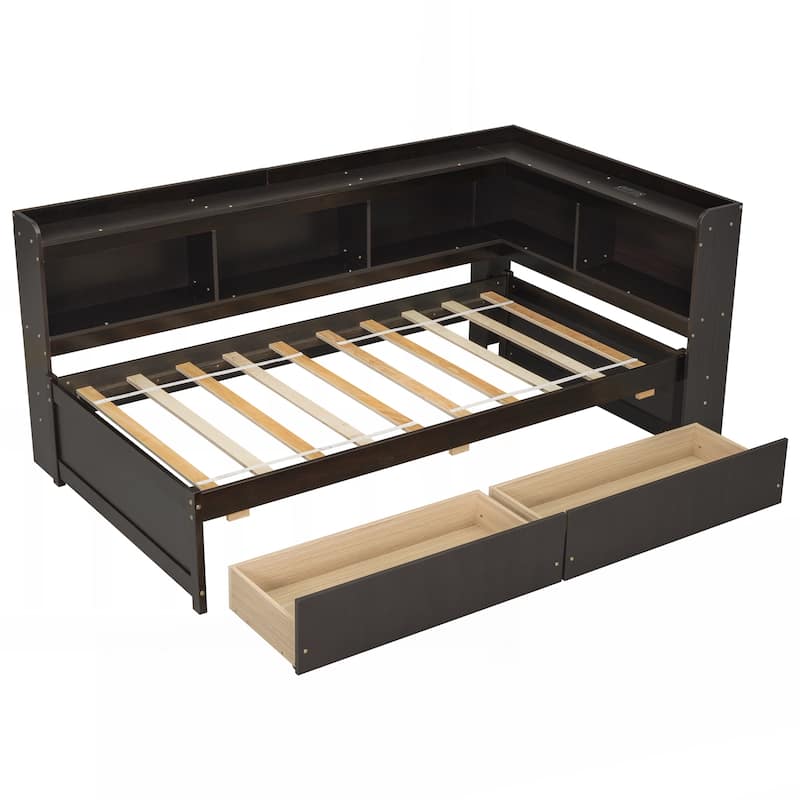 Twin Size L-shaped Bookcases Bed with Power Outlets, USB Charging Ports,Two Drawers