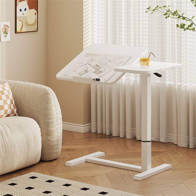 Height-Adjustable Overbed Table with Wheels - White