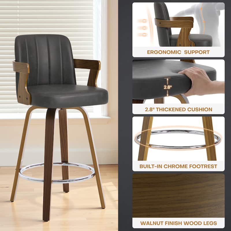 Upholstered Wood Swivel Counter Height Barstool with Arms