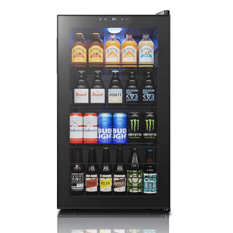 3.35 Cu.Ft Beverage Refrigerator, Glass Door Cooler with LED Display, Quiet Compressor, 102-Can Capacity - Black