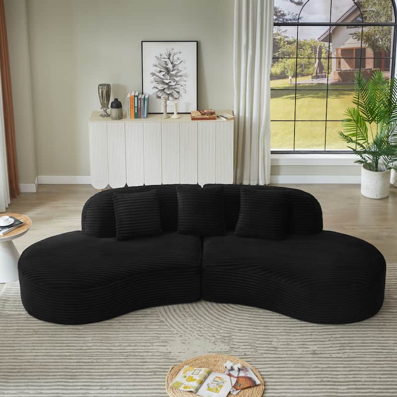 Corduroy Upholstered Curved Sectional Sofa Compressed Modular Couch - Black