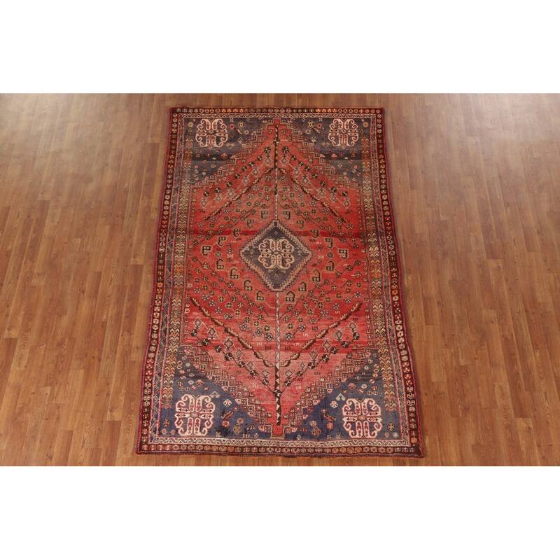 Red Qashqai Persian Antique Area Rug Handmade Wool Carpet - 5'1"x 8'2"