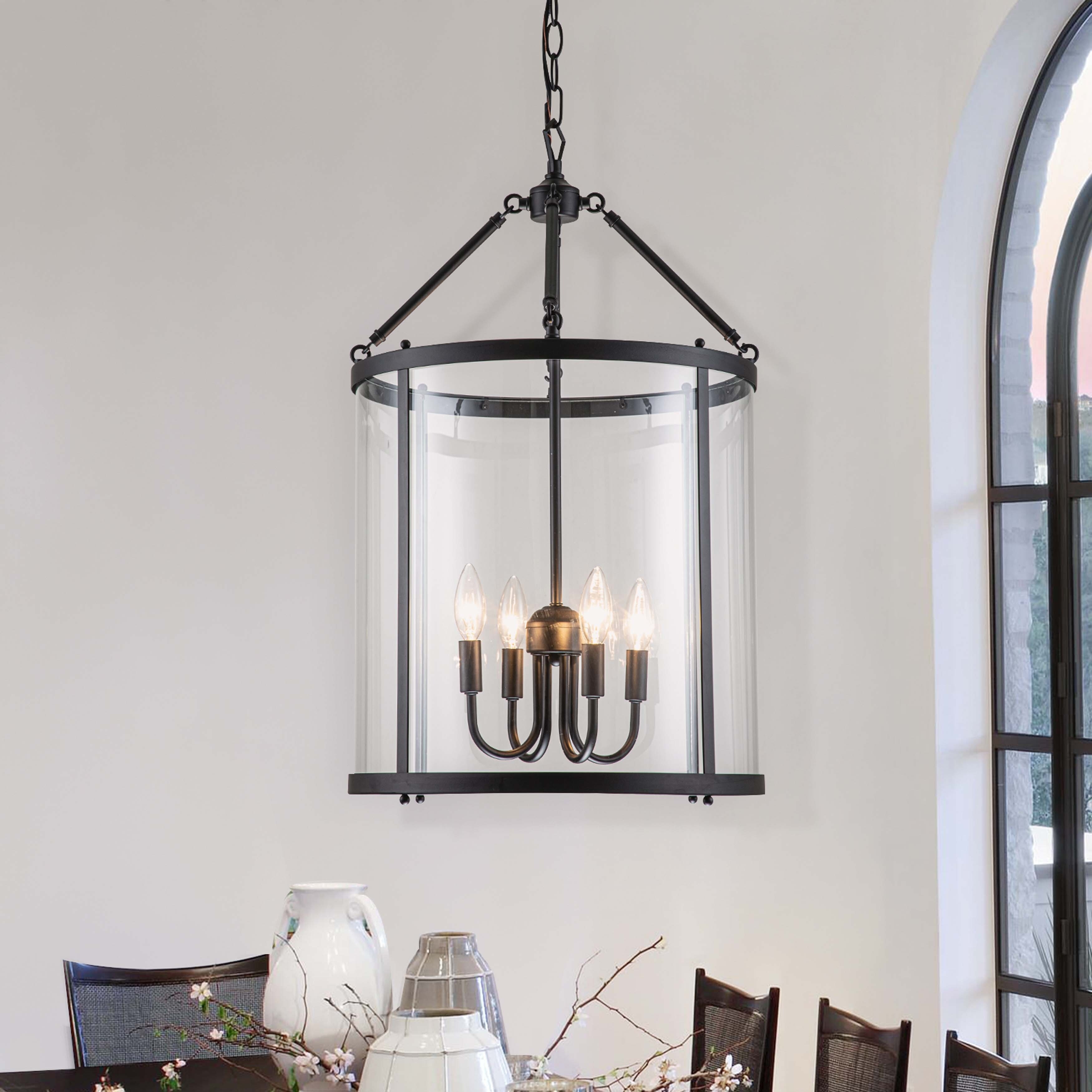 Zicbol 4 Light Farmhouse Lantern Pendant Dimmable Glass Drum Chandelier for Kitchen Island Foyer W 16 inch Size 15.9