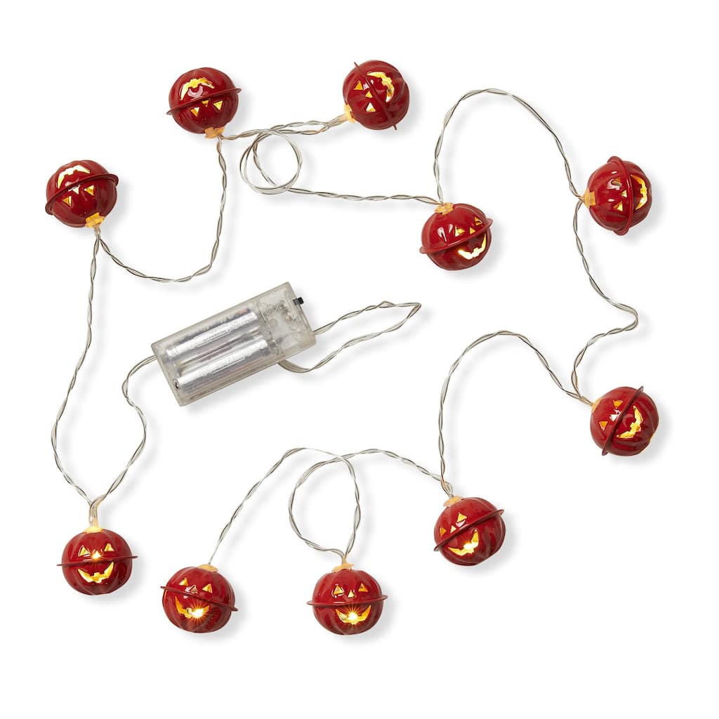 Jack-O-Lantern LED String Lights 65in Indoor Halloween Lantern Candle Holders Orange Plastic Ornaments