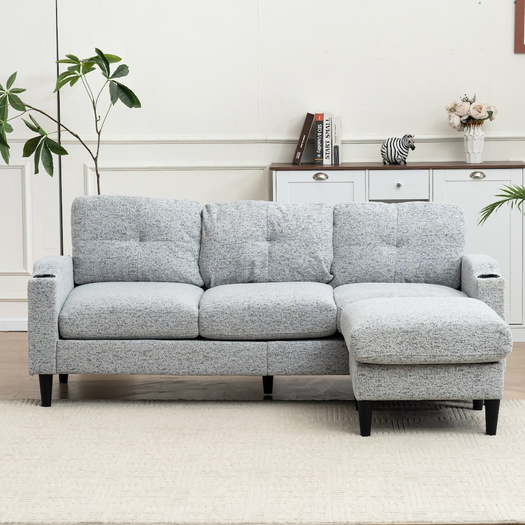 Convertible L-Shaped 3-Seater Sofa with Footstools and Storage, White+Black Metal Sofa for Living Room/Small Space