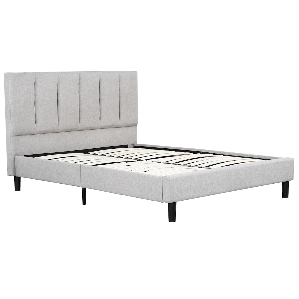 Full Size Linen Upholstered Platform Bed with Channel Tufted Headboard and Integrated Wooden Slats