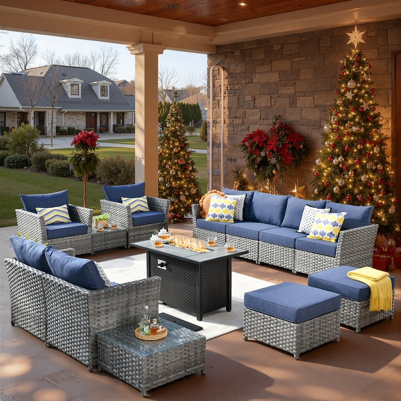XIZZI 13-piece Outdoor Patio Wicker Furniture Set with Fire Table - Denim Blue
