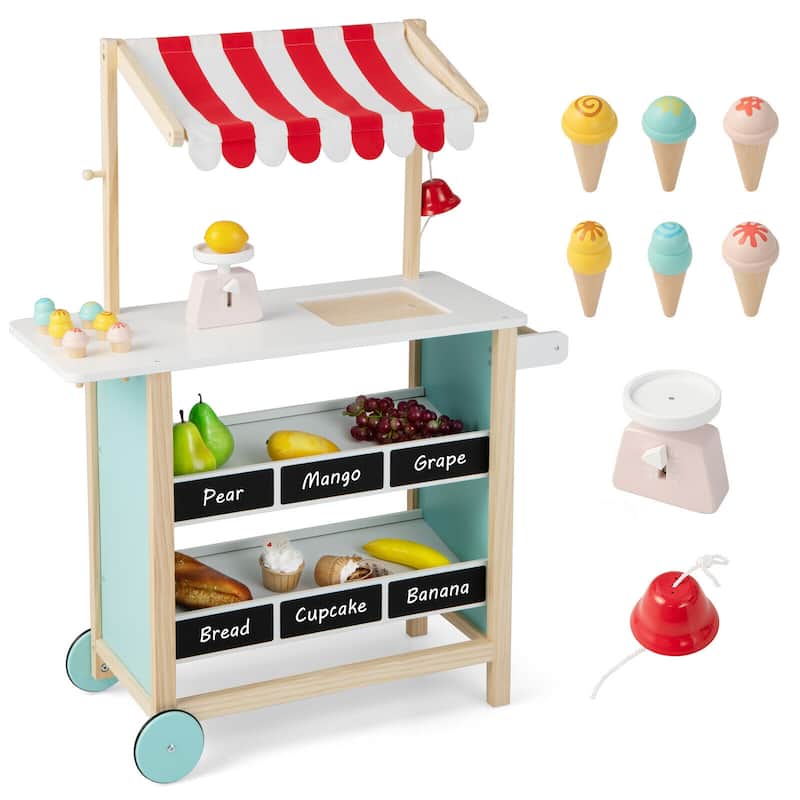 Kids Wooden Ice Cream Cart with Chalkboard and Storage - 31"L x 11.5"W x 39.5"H