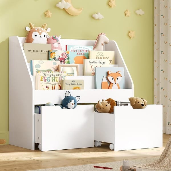 slide 2 of 15, Toy Storage Organizer Kids Bookshelf 2 Drawers Book Display Kindergarten