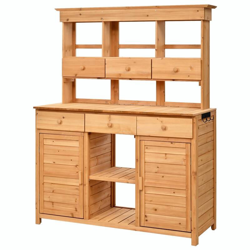 65.7'' Tall Garden Potting Bench - Patio Workstation with Hutch, 3 Shelves, 6 Drawers, 2 Cabinets & Side Hooks