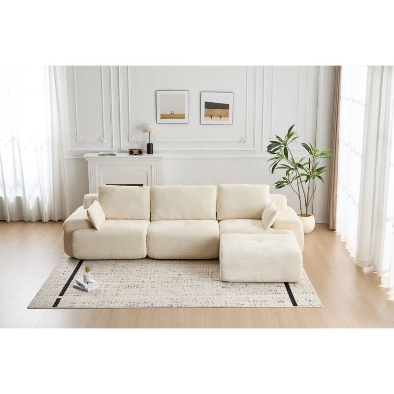 L Shaped Modular Sectional Sofa with Ottoman, Corduroy Upholstered Cloud Sofa, Compressed Sofa with Cushions & Throw Pillows