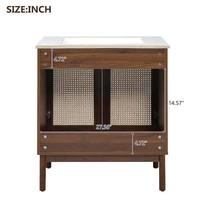 30 Inch Bathroom Vanity with Handwoven Bamboo Doors, Ceramic Sink, Soft Close Freestanding MDF Cabinet