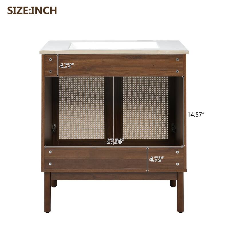 30-Inch Bathroom Vanity with Handwoven Bamboo Doors, MDF Cabinet & Soft-Close Design