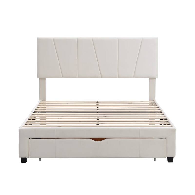 Merax Upholstery Platform Bed with One Drawer, Adjustable Headboard