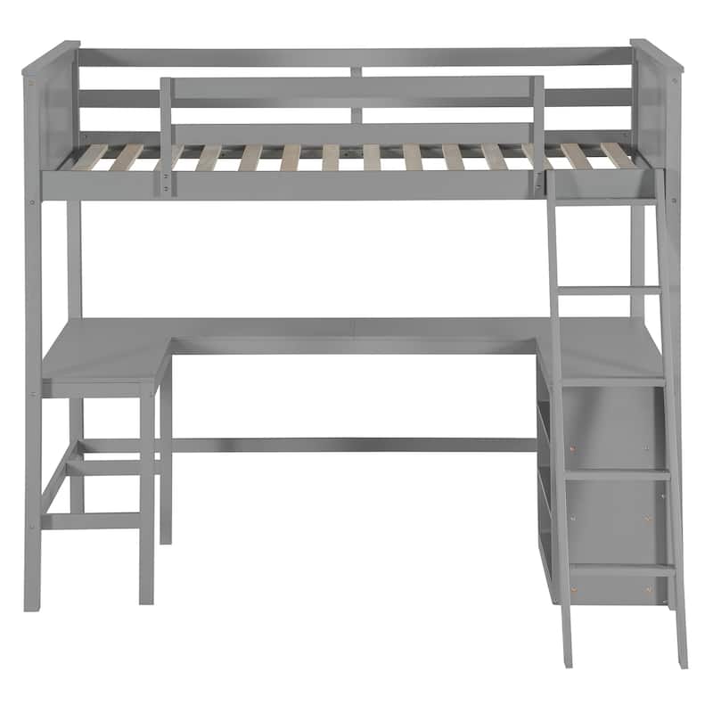 Solid Pinewood Twin Size Loft Bed with Full Length Guardrail, Wooden High Loftbed Frame with Storage Shelves and Built In Desk